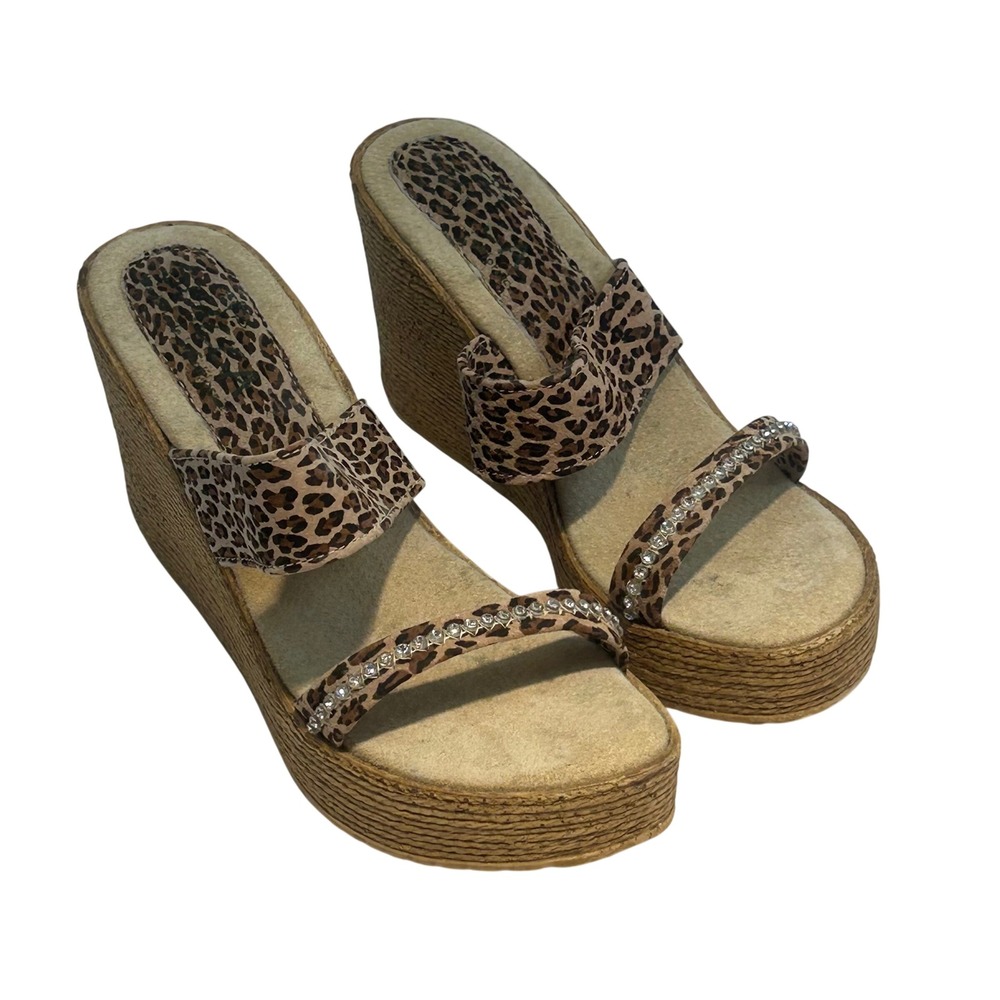 Sbicca Vixen Animal Leopard Print Rhinestone Wedge Sandals Tan Womens 8 Platform